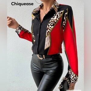 Women's Red and Black Patterned Blouse
